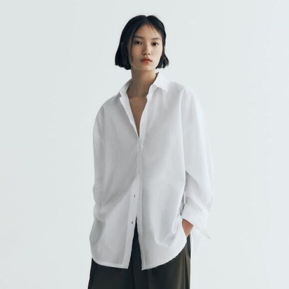 ZARA OVERSIZED POPLIN SHIRT RAW HEM - Picture 1 of 8
